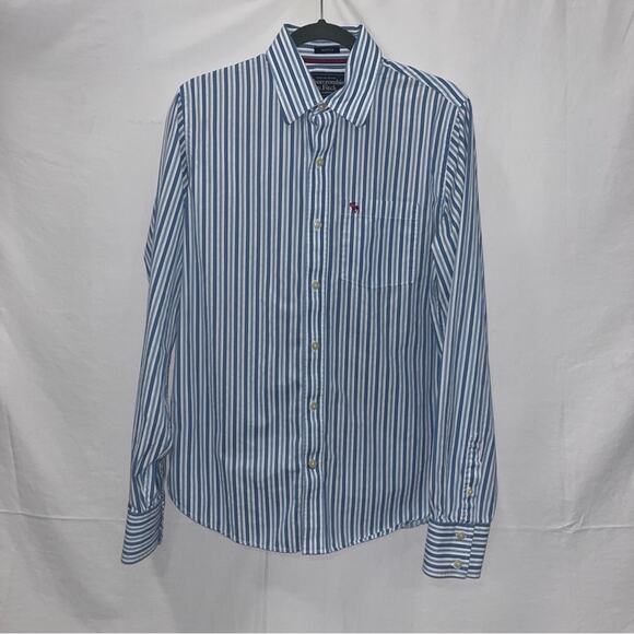 Abercrombie & Fitch Muscle Long Sleeve Button Down Shirt Blue White Stripes Med - Picture 3 of 7